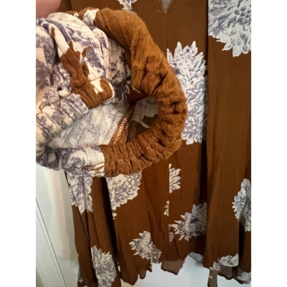 Free People Brown Floral Ballon Sleeve S Blouse Boho Oversized Top office siren - Picture 5 of 8